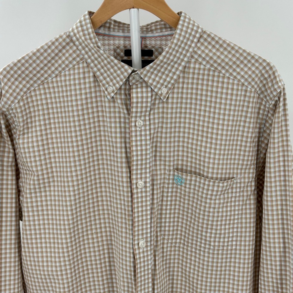 Ariat Pro Series Mens Tan Gingham Plaid Long Sleeve Button Down Shirt Size L